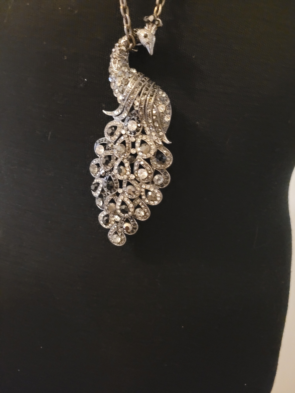 Rhinestone Peacock Pendant Necklace in Silver Tone